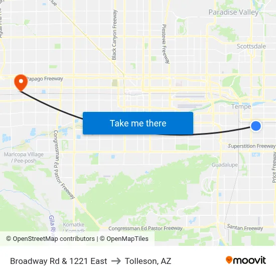 Broadway Rd & 1221 East to Tolleson, AZ map