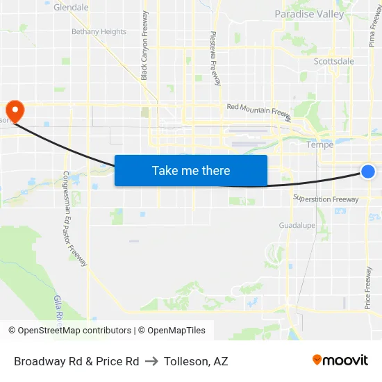 Broadway Rd & Price Rd to Tolleson, AZ map