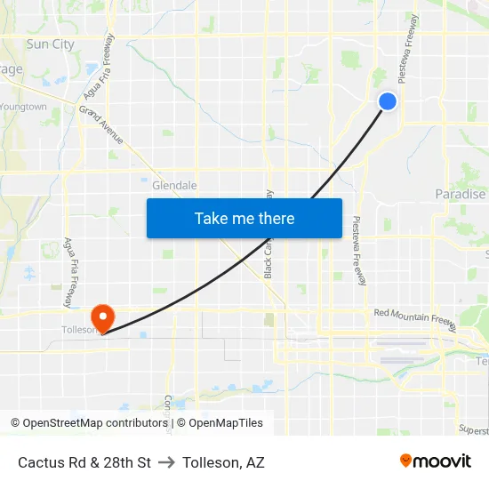 Cactus Rd & 28th St to Tolleson, AZ map