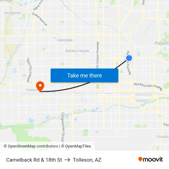 Camelback Rd & 18th St to Tolleson, AZ map