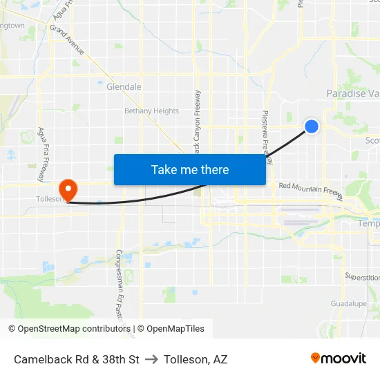 Camelback Rd & 38th St to Tolleson, AZ map