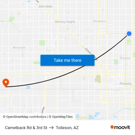Camelback Rd & 3rd St to Tolleson, AZ map