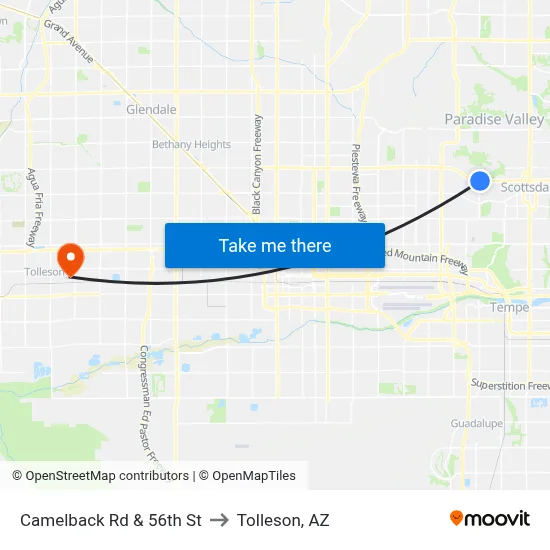 Camelback Rd & 56th St to Tolleson, AZ map