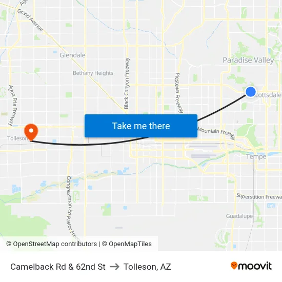 Camelback Rd & 62nd St to Tolleson, AZ map
