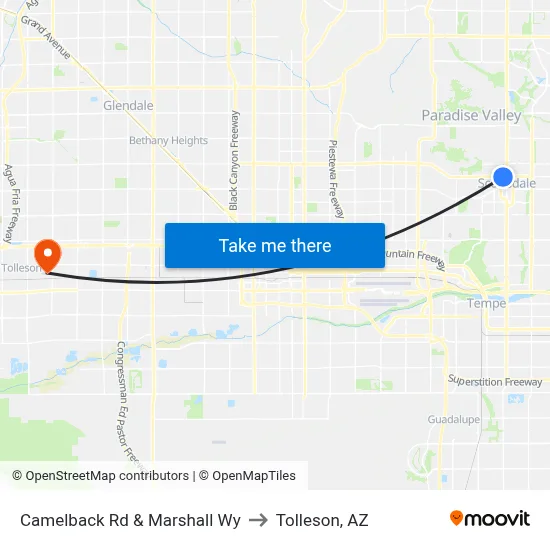Camelback Rd & Marshall Wy to Tolleson, AZ map