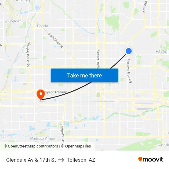 Glendale Av & 17th St to Tolleson, AZ map
