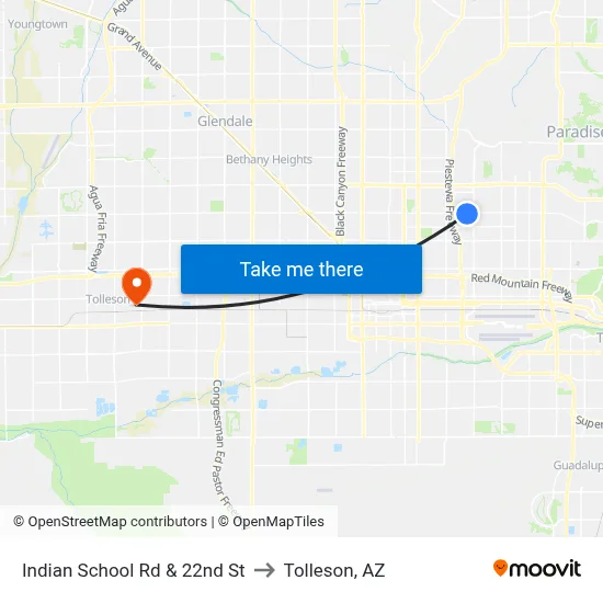 Indian School Rd & 22nd St to Tolleson, AZ map
