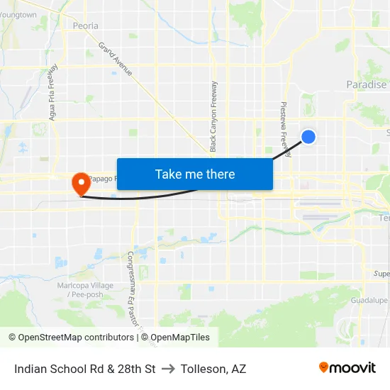 Indian School Rd & 28th St to Tolleson, AZ map