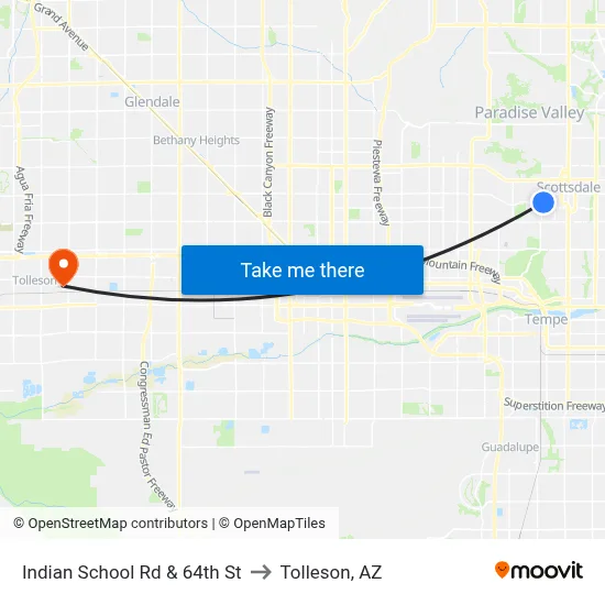 Indian School Rd & 64th St to Tolleson, AZ map