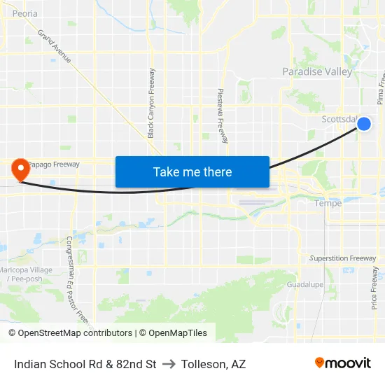 Indian School Rd & 82nd St to Tolleson, AZ map