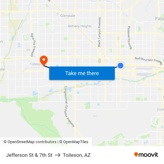 Jefferson St & 7th St to Tolleson, AZ map