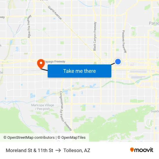 Moreland St & 11th St to Tolleson, AZ map