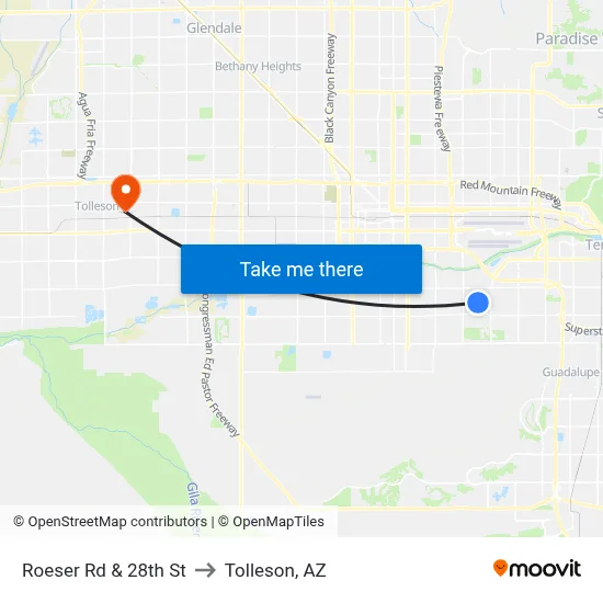 Roeser Rd & 28th St to Tolleson, AZ map