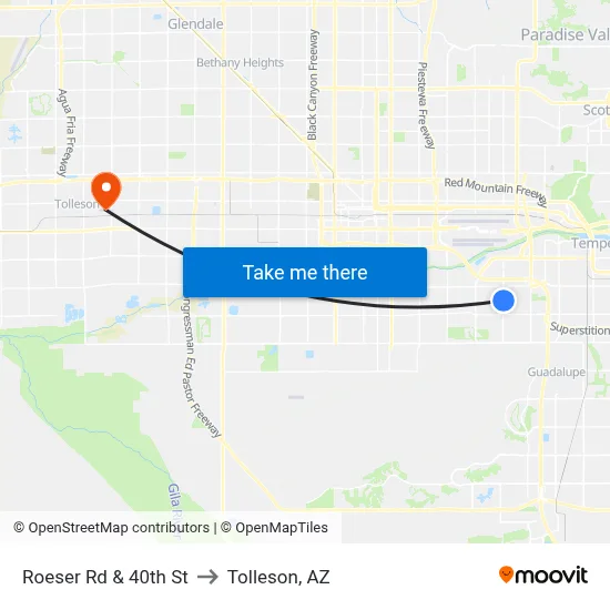Roeser Rd & 40th St to Tolleson, AZ map
