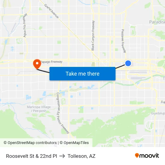 Roosevelt St & 22nd Pl to Tolleson, AZ map