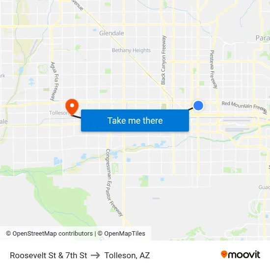 Roosevelt St & 7th St to Tolleson, AZ map