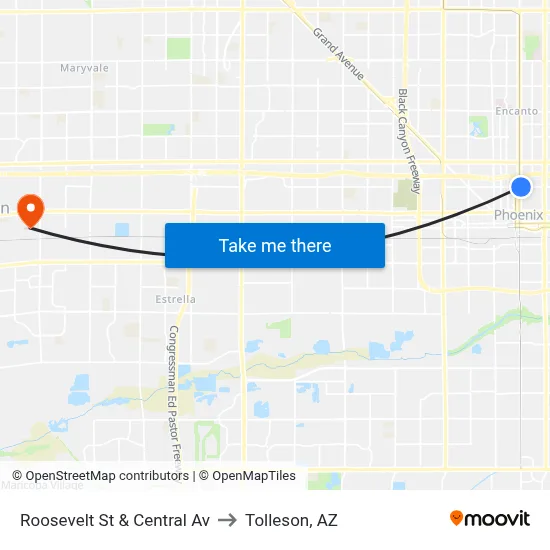 Roosevelt St & Central Av to Tolleson, AZ map