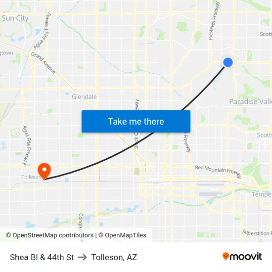 Shea Bl & 44th St to Tolleson, AZ map