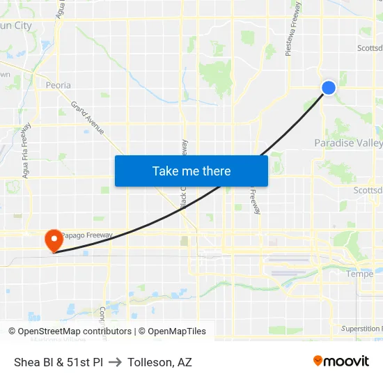 Shea Bl & 51st Pl to Tolleson, AZ map