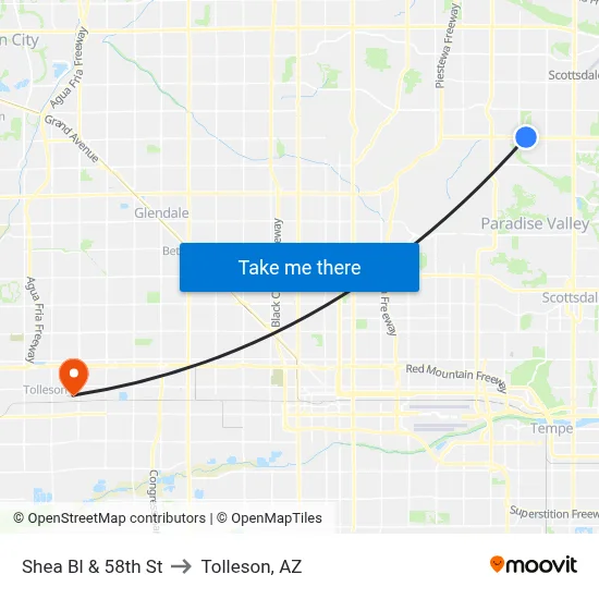 Shea Bl & 58th St to Tolleson, AZ map