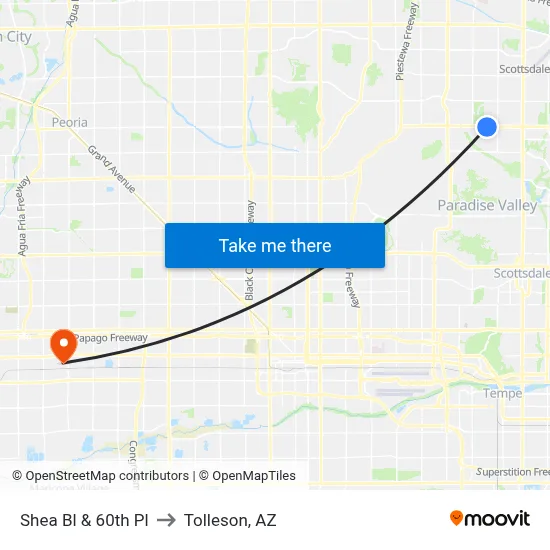 Shea Bl & 60th Pl to Tolleson, AZ map