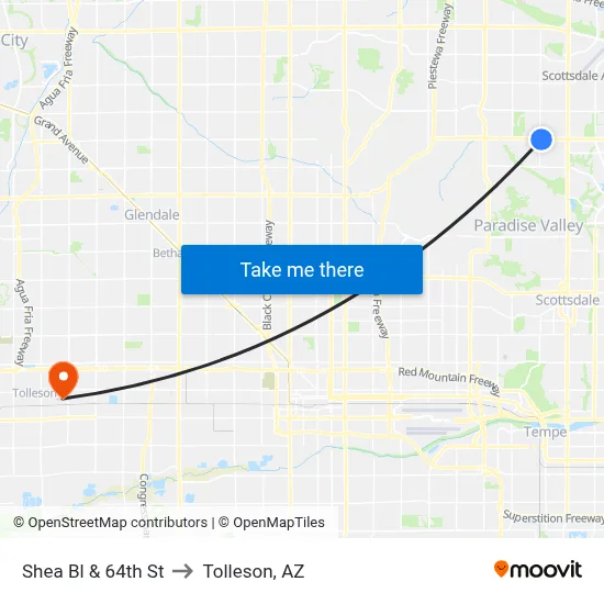 Shea Bl & 64th St to Tolleson, AZ map