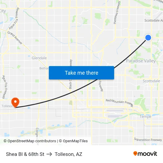 Shea Bl & 68th St to Tolleson, AZ map