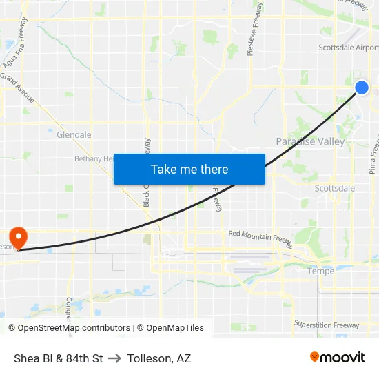 Shea Bl & 84th St to Tolleson, AZ map