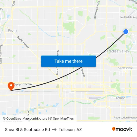 Shea Bl & Scottsdale Rd to Tolleson, AZ map