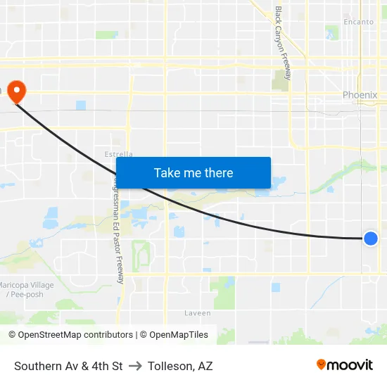 Southern Av & 4th St to Tolleson, AZ map