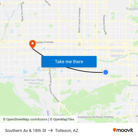 Southern Av & 18th St to Tolleson, AZ map