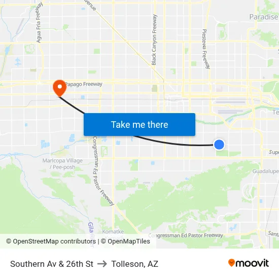 Southern Av & 26th St to Tolleson, AZ map