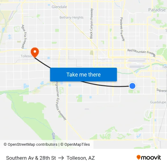 Southern Av & 28th St to Tolleson, AZ map