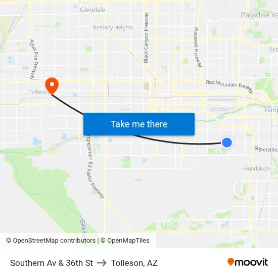 Southern Av & 36th St to Tolleson, AZ map