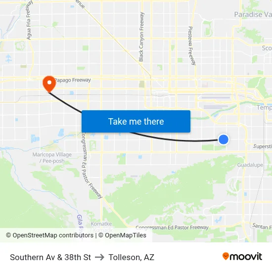Southern Av & 38th St to Tolleson, AZ map
