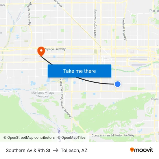 Southern Av & 9th St to Tolleson, AZ map