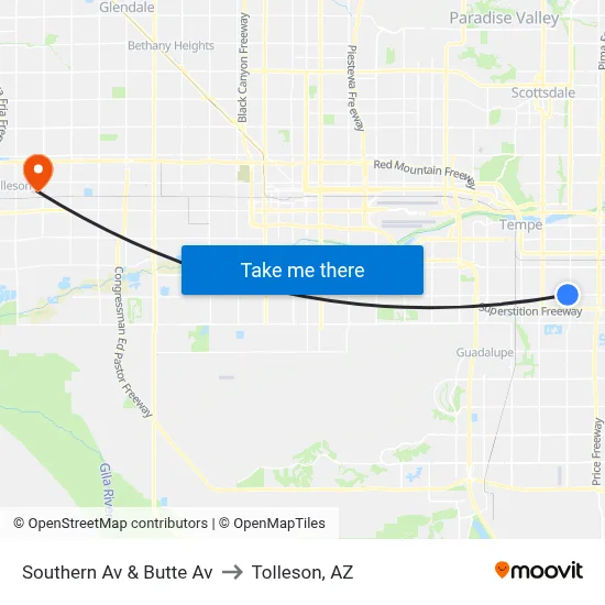 Southern Av & Butte Av to Tolleson, AZ map