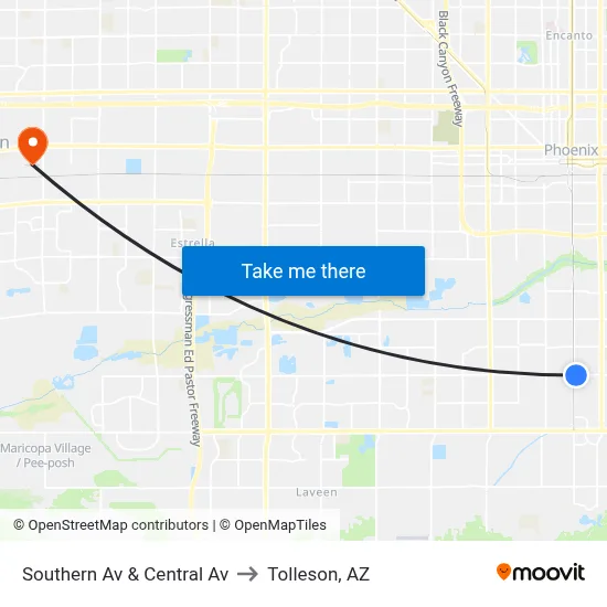 Southern Av & Central Av to Tolleson, AZ map
