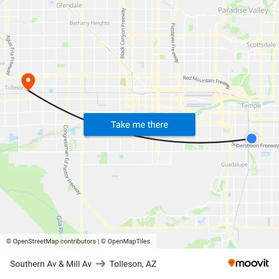 Southern Av & Mill Av to Tolleson, AZ map