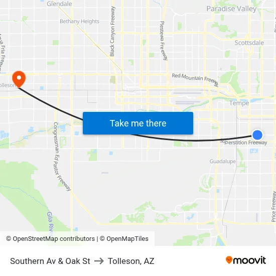 Southern Av & Oak St to Tolleson, AZ map