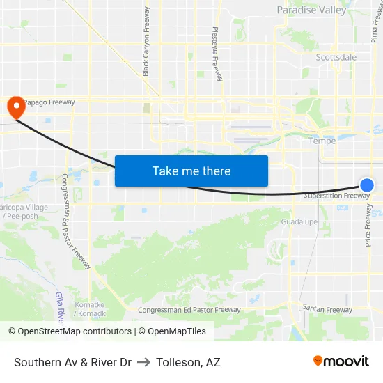 Southern Av & River Dr to Tolleson, AZ map