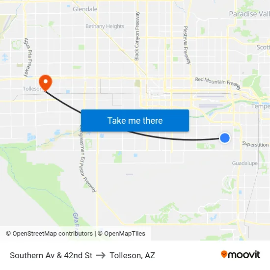 Southern Av & 42nd St to Tolleson, AZ map