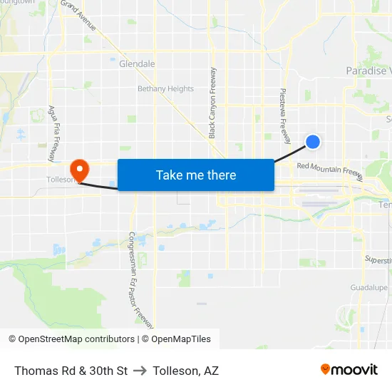 Thomas Rd & 30th St to Tolleson, AZ map