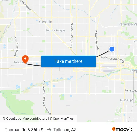 Thomas Rd & 36th St to Tolleson, AZ map