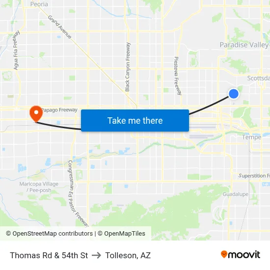 Thomas Rd & 54th St to Tolleson, AZ map