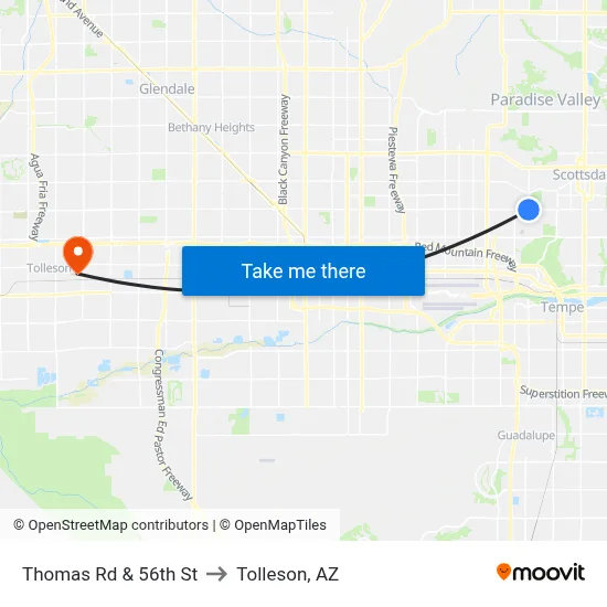 Thomas Rd & 56th St to Tolleson, AZ map