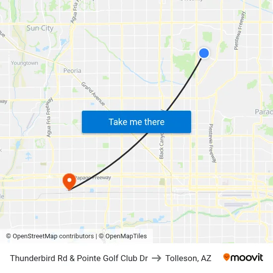 Thunderbird Rd & Pointe Golf Club Dr to Tolleson, AZ map