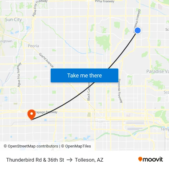 Thunderbird Rd & 36th St to Tolleson, AZ map