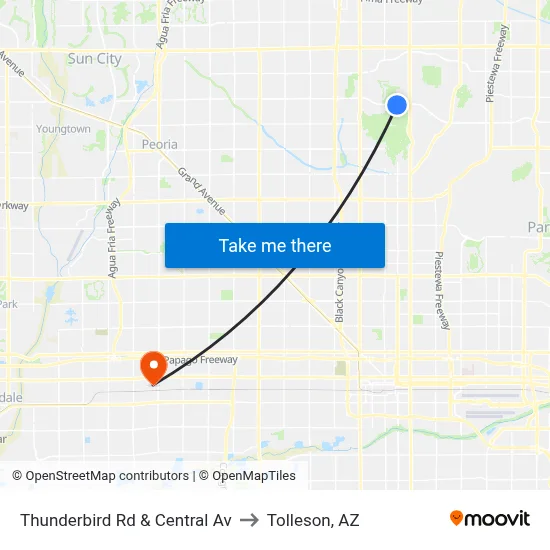 Thunderbird Rd & Central Av to Tolleson, AZ map