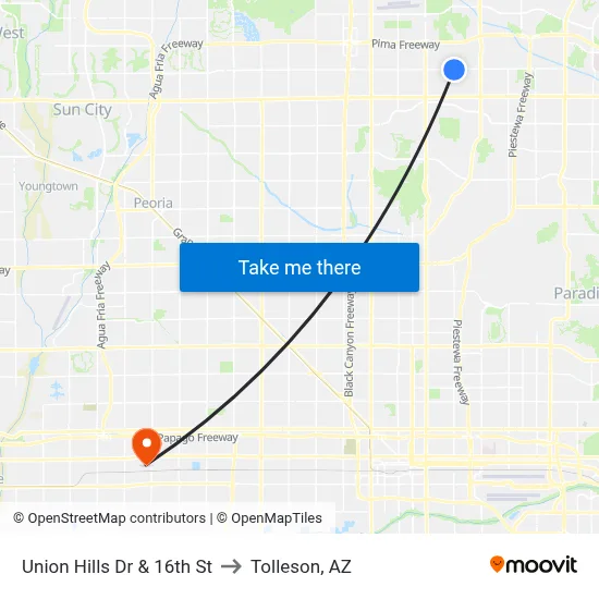 Union Hills Dr & 16th St to Tolleson, AZ map